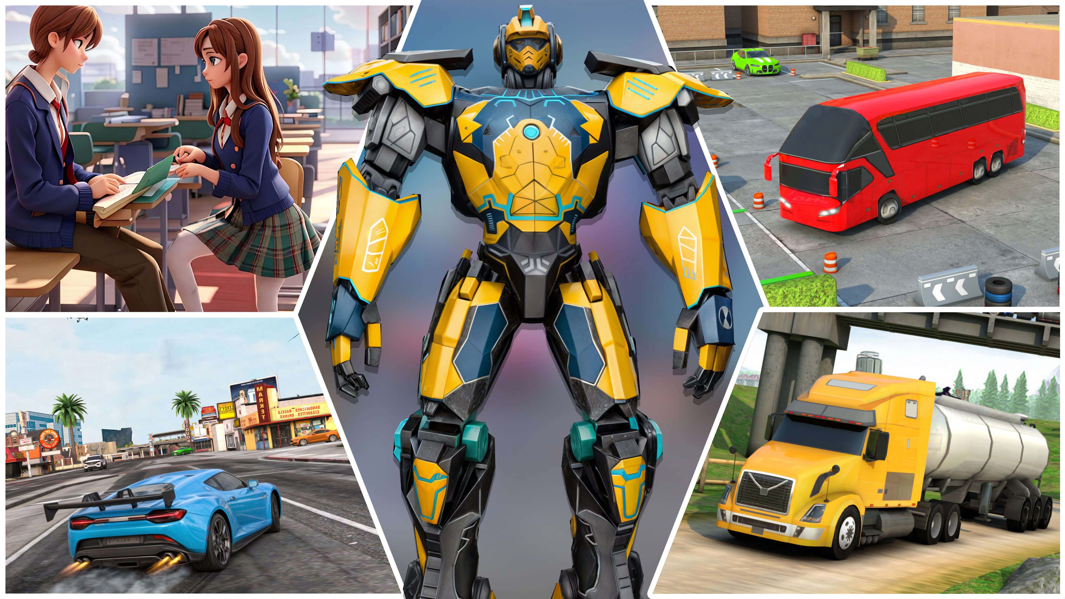 Collage of multiple Rouhi Games titles showing racing, action and simulation gameplay